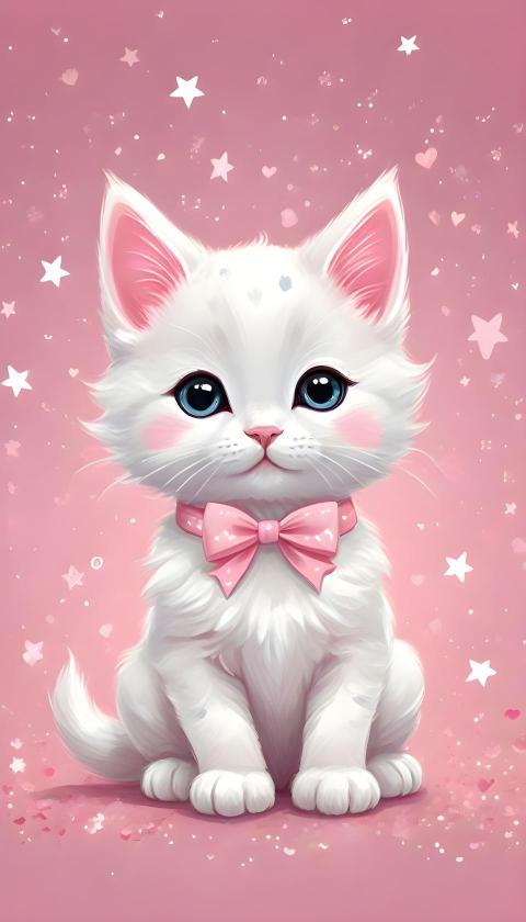 Cute White Kitty with Pink Bow – Kawaii Aesthetic Wallpaper